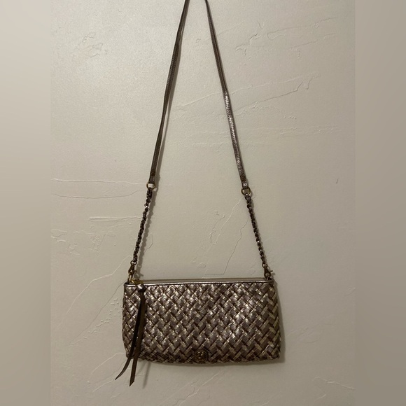Elliot Lucca~Vtg~Metallic~Bronze/Gold/Taupe~Woven~Soft Leather~Crossbody~Handbag - Picture 4 of 16